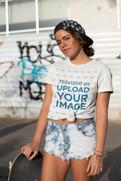 Knotted Tee Mockup of a Skater Woman with a Cap
