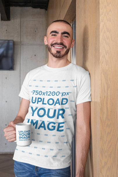 Tee Mockup of a Bearded Man Holding a 15 Oz Coffee Mug 27523