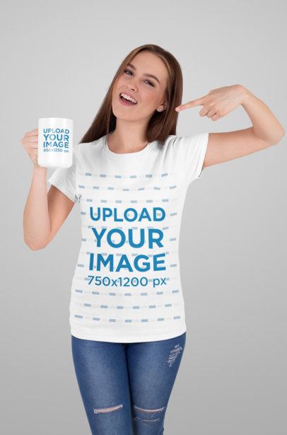Mockup of a T-Shirt Wearing Woman Showing a 15 oz Mug 27505