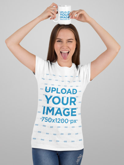 T-Shirt Mockup Featuring a Happy Woman Holding a 15 oz Mug on Her Head 