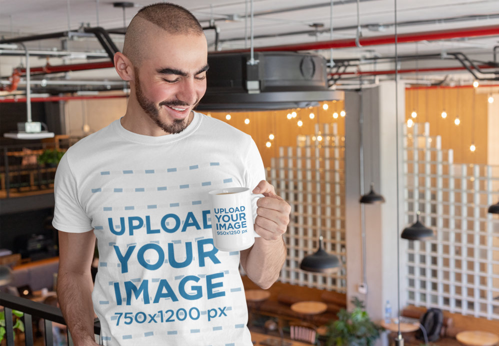 Mockup of a Bearded Man Wearing a T-Shirt and Drinking from a 15 Oz Mug