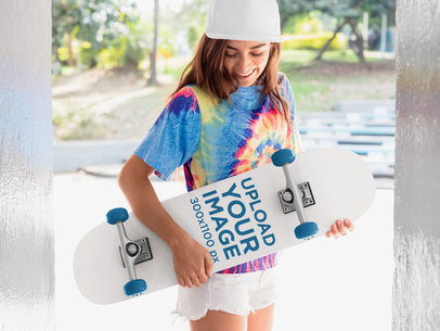 Skateboard Mockup of a Skater Woman with a Psychedelic Blouse 27118
