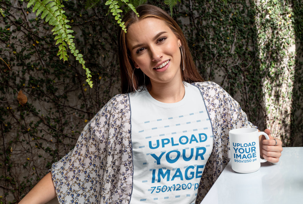 15 oz Mug Mockup of a Woman Wearing a T-Shirt Against a Wall Covered in Leaves