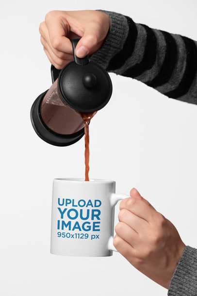 11 Oz Mug Mockup of a Hand Pouring Coffee from a French Press
