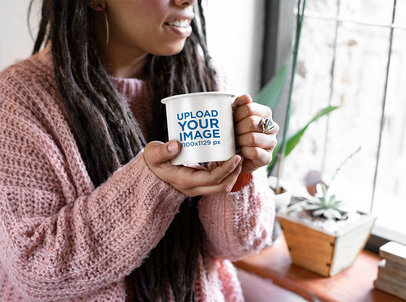 12 oz Enamel Mug Mockup Featuring a Woman with Locks