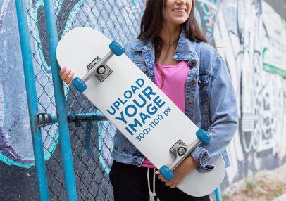 Skateboard Mockup Featuring a Woman Against a Graffitied Wall