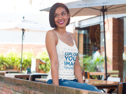 Woman Sitting at a Restaurant's Terrace Tank Top Mockup a8061