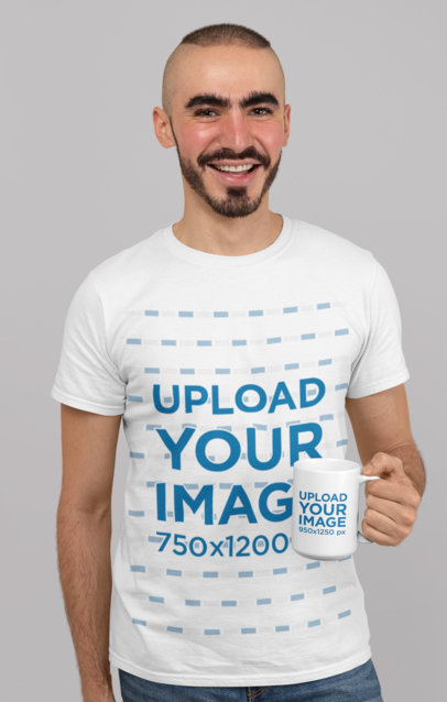 Mockup of a Smiling Bearded Man with a T-Shirt Holding a 15 oz Mug 27529