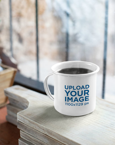 Mockup of a 12 Oz Enamel Mug with Warm Coffee