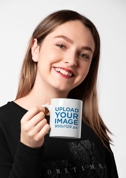 11 Oz Mug Mockup Featuring a Joyful Woman with Red Lips 