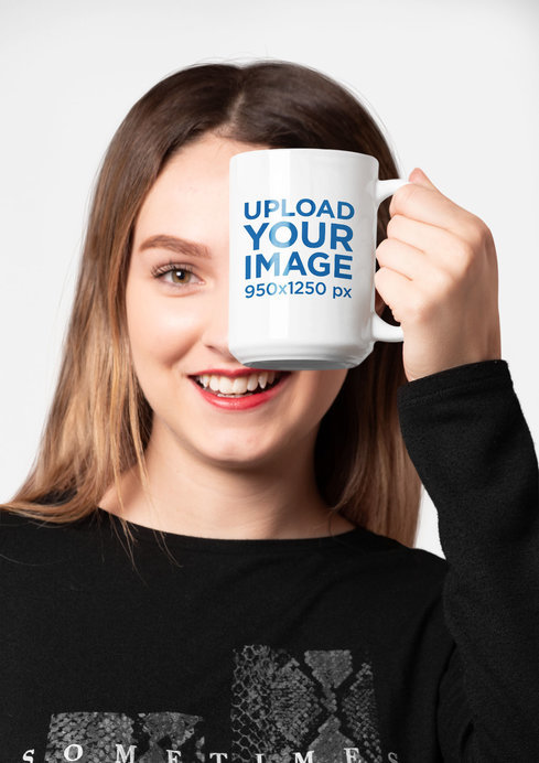 Mockup of a Woman with Red Lips Covering Half Her Face with a 15 Oz Mug 