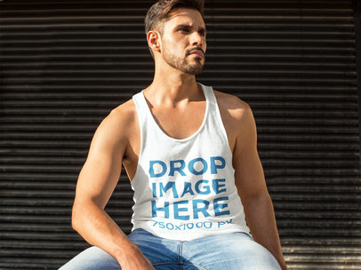 Handsome Man Sitting Outdoors Tank Top Mockup
