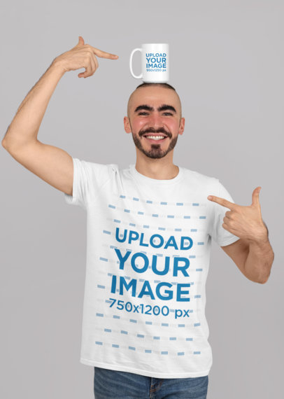 T-Shirt Mockup of a Bearded Man with a 15 oz Mug over His Head 27530