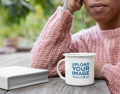 12 Oz Enamel Mockup of a Relaxed Woman in an Open Area