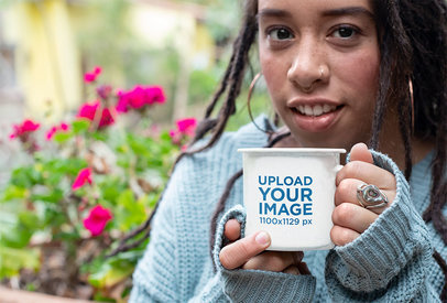 12 Oz Enamel Mug Mockup Featuring a Woman with a Cozy Look 