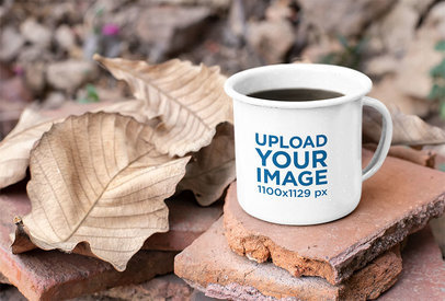 12 oz Enamel Mug Surrounded by Brown Dry Leaves 26973