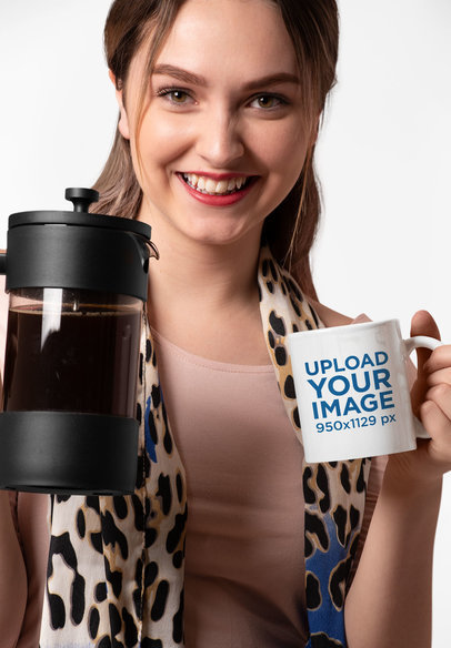 11 oz Mug Mockup of a Happy Woman Holding a French Press