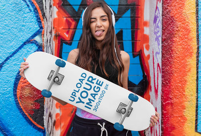Skateboard Mockup Featuring a Young Woman With Headphones