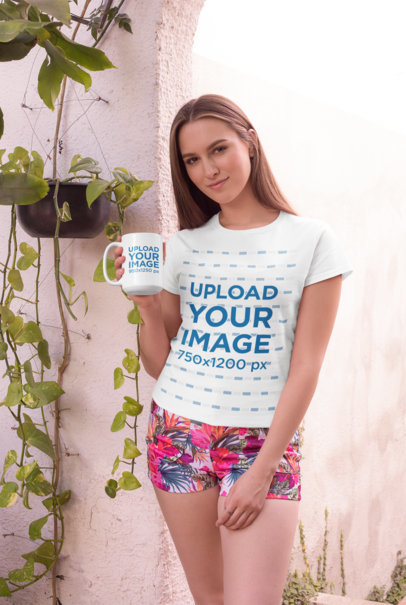 15 oz Coffee Mug Mockup Featuring a Woman in a T-Shirt by a Plant Pot