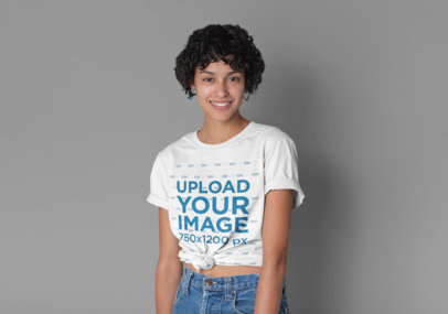 Knotted T-Shirt Mockup Featuring a Short-Haired Woman