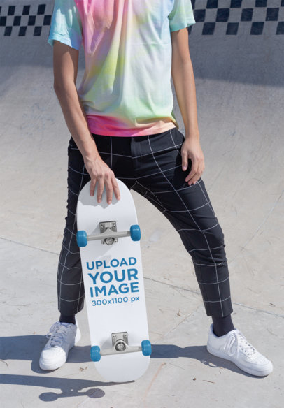 Skateboard Mockup Featuring a Man with a Multicolored Shirt 27196