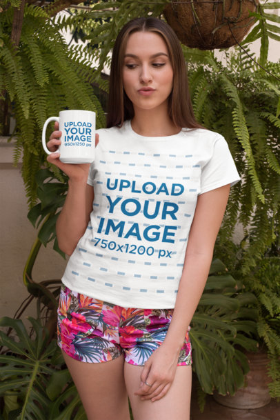 15 oz Mug Mockup of a Woman with a T-Shirt and Tropical Shorts 27515