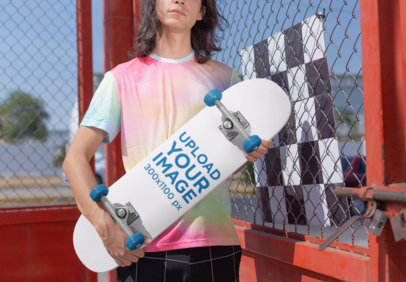 Mockup of a Skater Man Holding a Skateboard