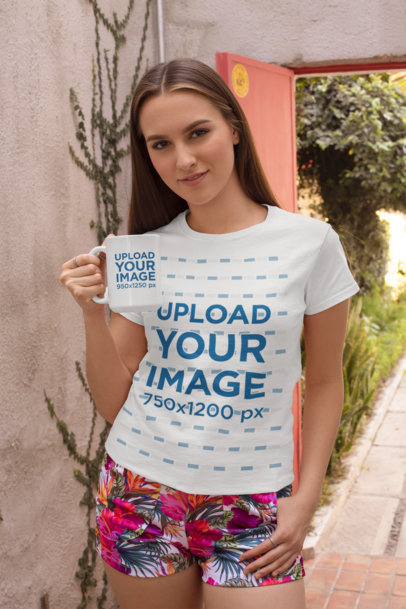 T-Shirt Mockup Featuring a Woman in Shorts Holding a 15 Oz Coffee Mug