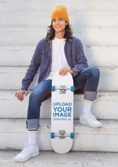 Skateboard Mockup Featuring a Long-Haired Man Sitting on an Urban Stairway 