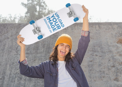 Mockup of a Long-Haired Man Lifting a Skateboard over His Head 27199