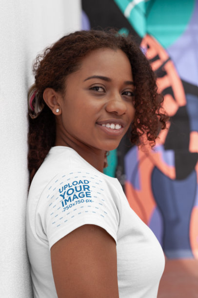 T-Shirt Sleeve Mockup Featuring a Curly-Haired Woman
