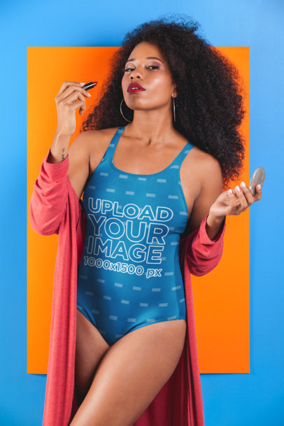 Swimsuit Mockup Featuring a Fabulous Woman with Kinky Curly Hair