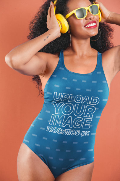 Swimsuit Mockup Featuring a Woman Wearing Sunglasses and Headphones