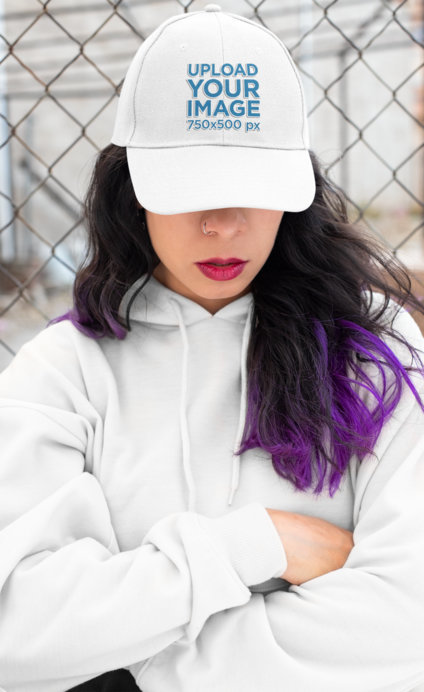 Dad Hat Mockup of an Alternative Woman With Purple Hair and a Hoodie