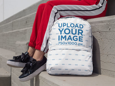 Backpack Mockup Featuring a Woman Sitting on Concrete Bleachers