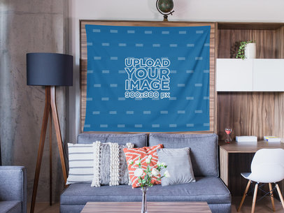 Mockup of a Wall Tapestry Hanged over Wooden Furniture Inside a Living Room