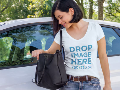 Young Woman Getting off her Car T-Shirt Mockup 