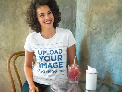 Woman Having a Drink at a Local Bar T-Shirt Mockup