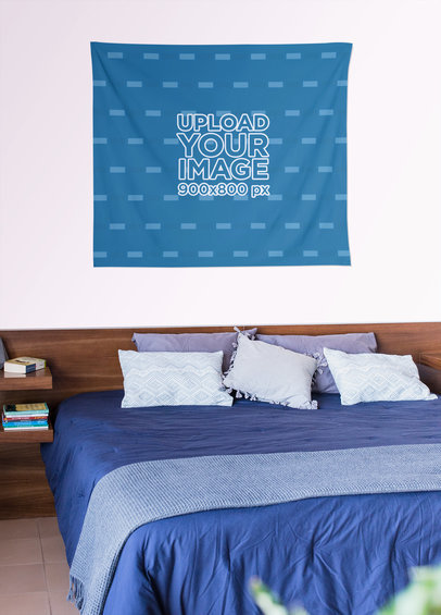 Mockup of a Tapestry Displayed over a Bedroom Wall 