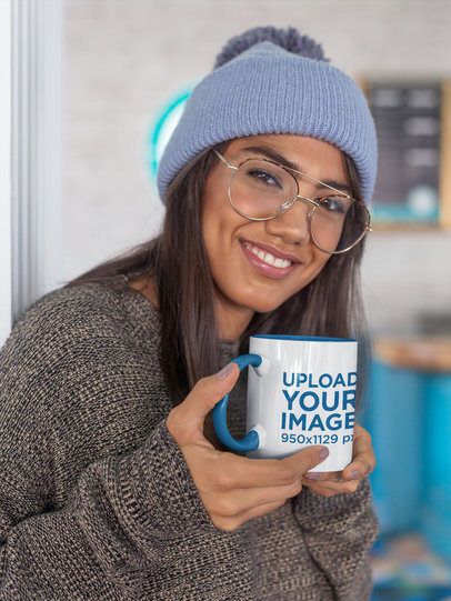11 oz Colored Rim Mug Mockup Featuring a Woman With a Warm Look 27832