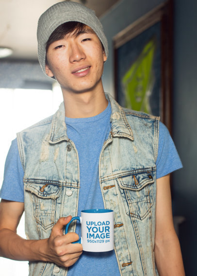 11 oz Colored Rim Mug Mockup Featuring a Cool Man Wearing a Denim Vest 27822