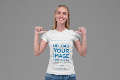 Patriotic T-Shirt Mockup Featuring a Proud Woman Pointing at Herself 