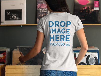Back Shot of a Woman at a Record's Store T-Shirt Mockup