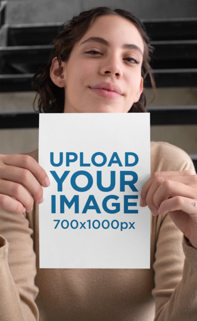 Mockup Featuring a Woman Holding an A5 Flyer