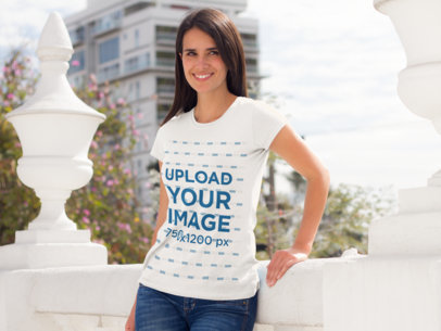 Woman Standing on a Roof Terrace T-Shirt Mockup
