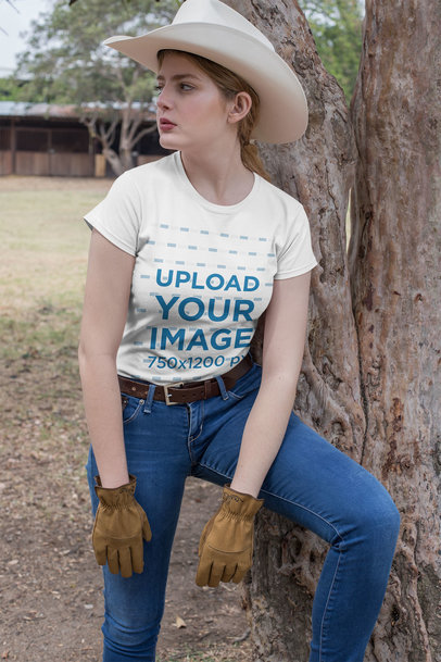 Mockup Featuring a Country Woman Wearing a Crewneck T-Shirt Outdoors