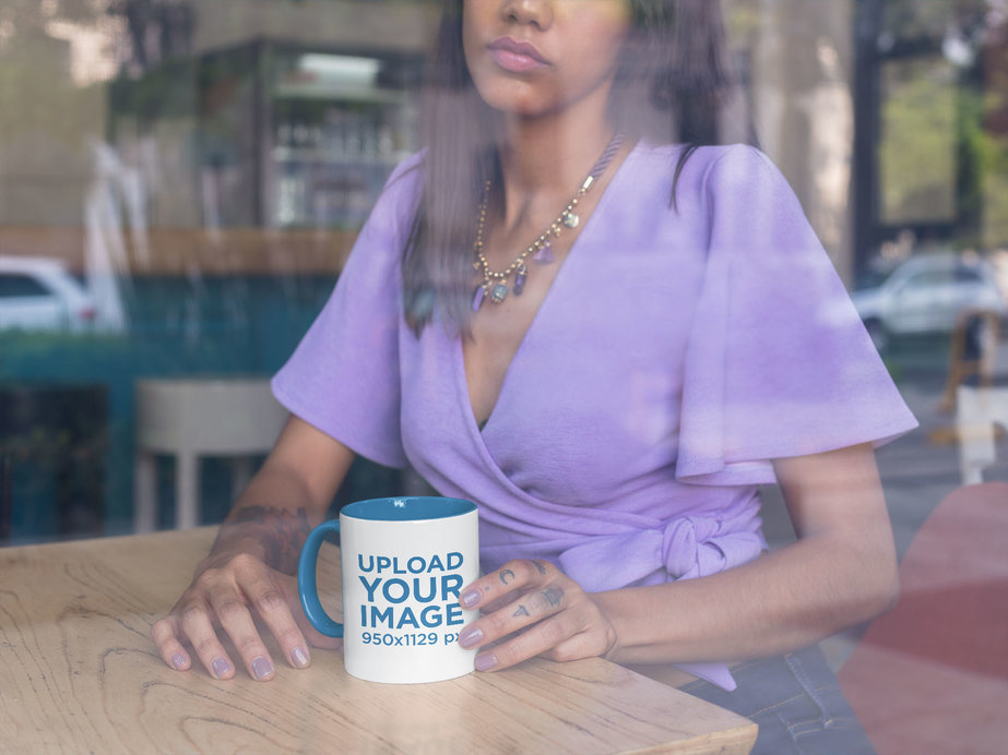 11 oz Two Toned Mug Mockup of a Woman At a Coffee Shop Window