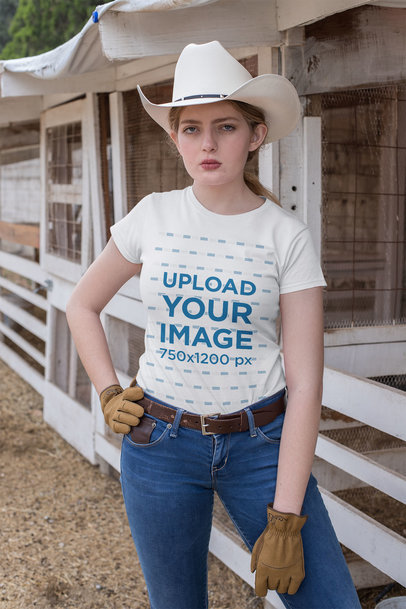 T-Shirt Mockup Featuring a Serious Looking Country Woman