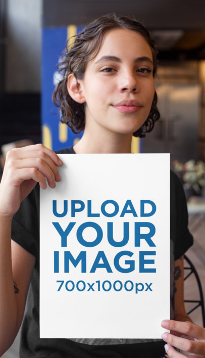 Mockup of a Woman Holding an A4 Flyer with Both Hands