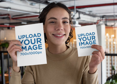 Mockup of a Smiling Woman Holding an A4 Flyer and an A5 Flyer